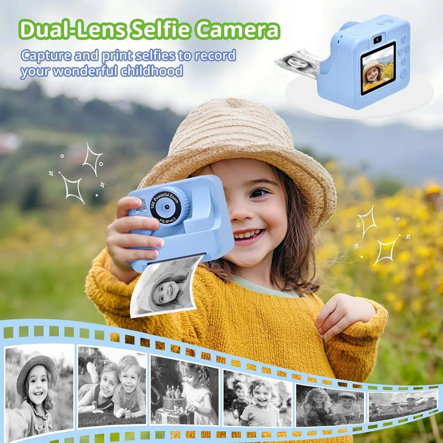 JXD Printable Toy Camera Very Portable Dual Lens Selfie Camera for Kids 1080P HD Photo with Printing Paper Best Gift