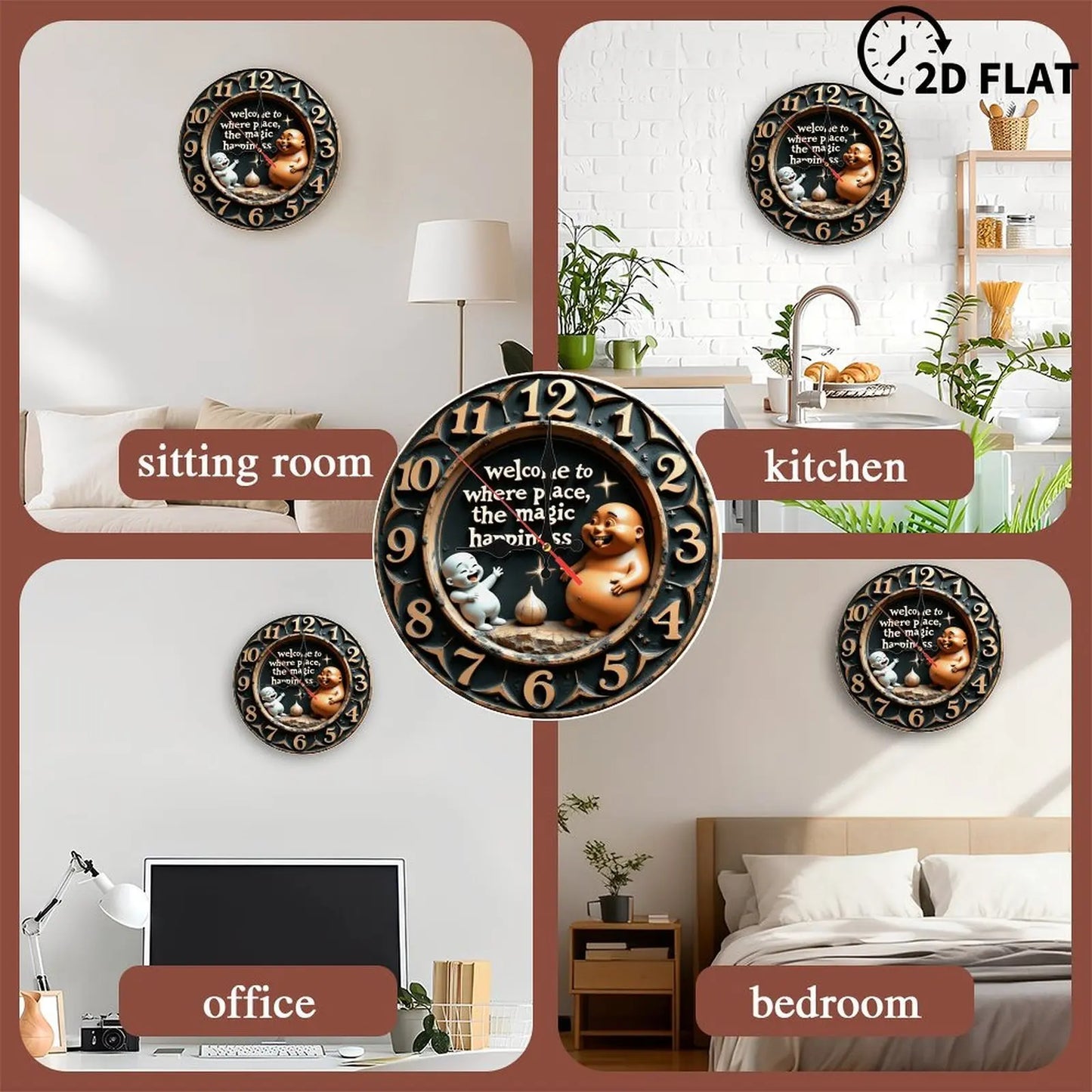 10-Inch Wood Wall Clock for a Writer with a Quill Pen and Inkwell