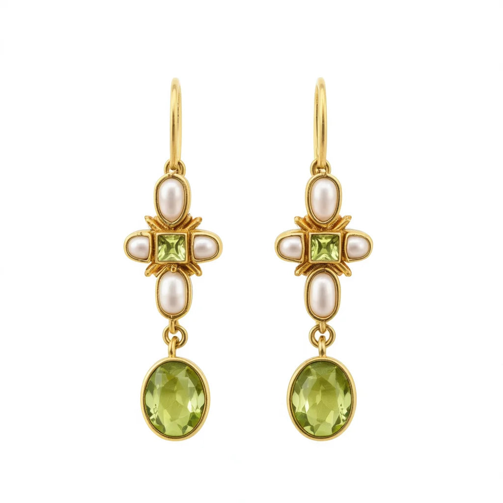 Vintage Gold Plated Drop Earrings With Peridot And Imitation Pearl Bezel Setting For Women Party Jewelry