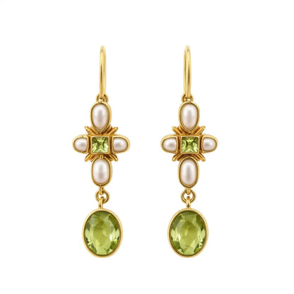 Vintage Gold Plated Drop Earrings With Peridot And Imitation Pearl Bezel Setting For Women Party Jewelry