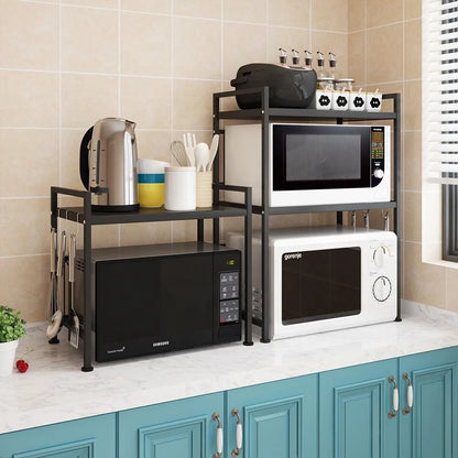 Microwave Stand Oven Rack Expandable Countertop Kitchen Utensils Tableware Storage Carbon Steel Over Shelf Countertop 3 Tier