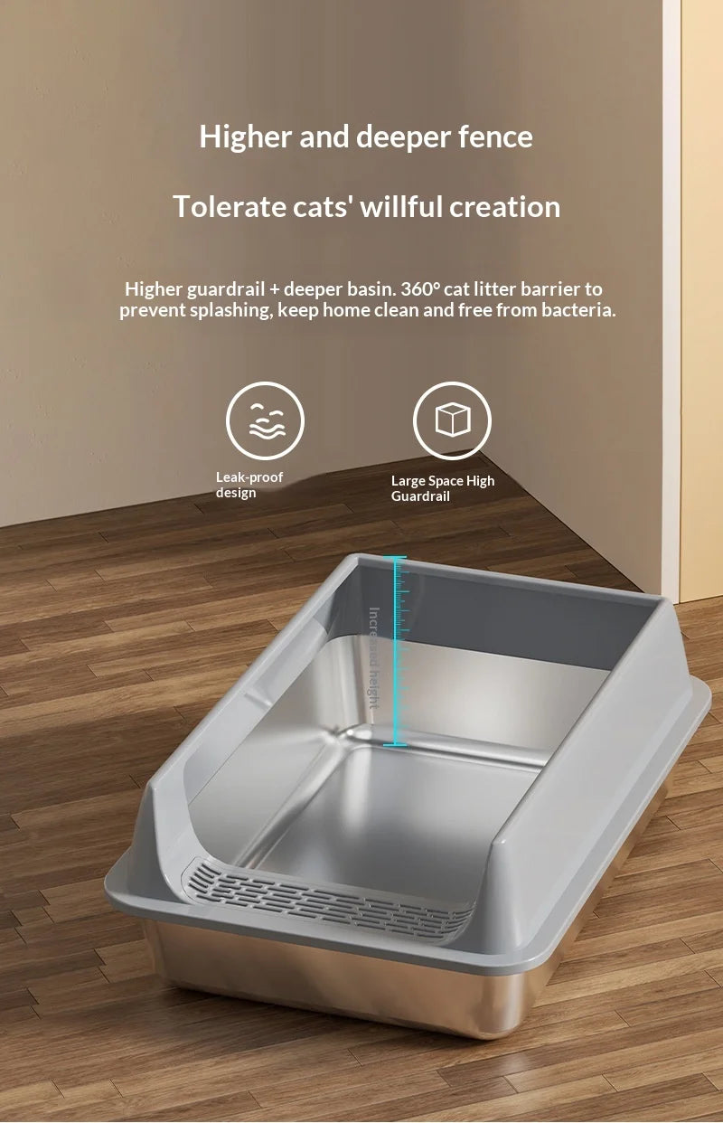 Stainless Steel Semi-closed Rectangular Cat Litter Box with Top-in Lid Anti-splash High Fence Pet Cleaning