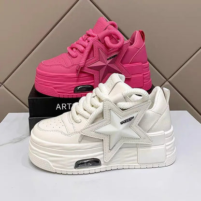 Leather Pink Chunky Sneakers Platform Lace-up Casual Shoes Women's Outdoor Walking Shoes