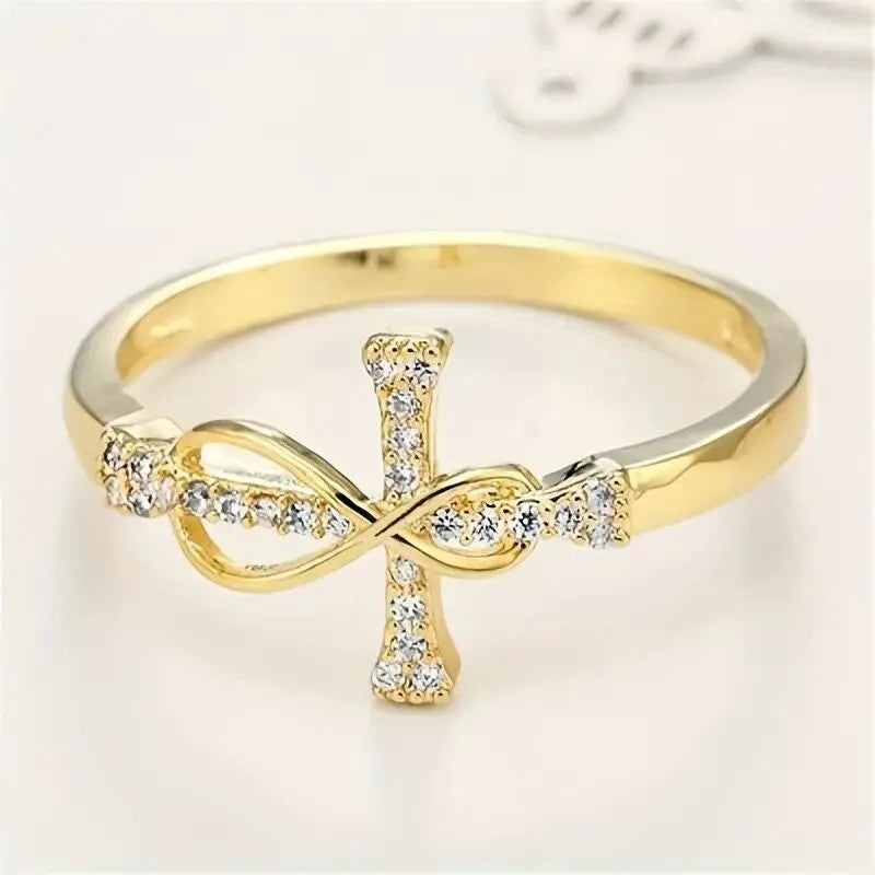 H332 Cross Ring Women's Gold Tone Cubic Zirconia Pave Setting Christian Religious Gift Fashion Jewelry