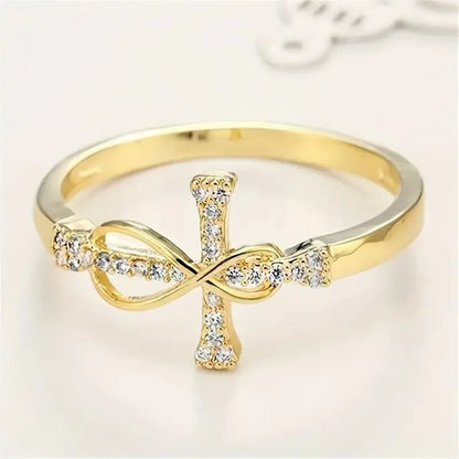 H332 Cross Ring Women's Gold Tone Cubic Zirconia Pave Setting Christian Religious Gift Fashion Jewelry