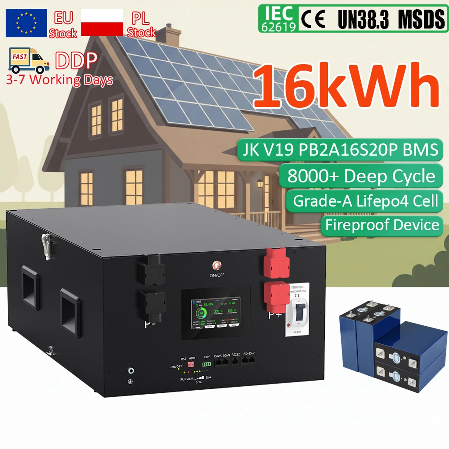 EU Stock CE IEC UN38.3 MSDS 8000+ Cycles Long Life 48V 51.2V 314Ah 16kwh Stackable Home Energy Storage Battery with JK V19 BMS