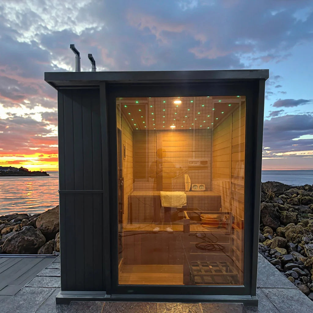 New Stocks in USA Modern Design Black Outdoor Dry Steam Red Cedar Electric Sauna with 8mm Glass