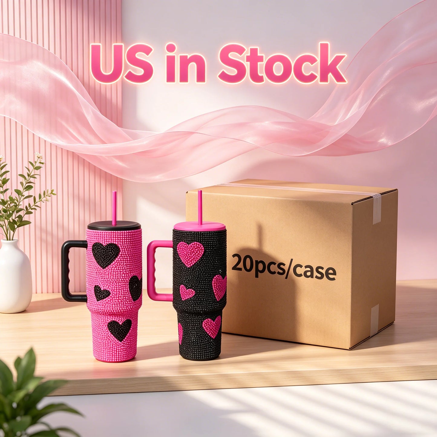 Us Warehouse 40 OZ Rhinestones Bling Easy Clean Drinkware Stainless Steel Tumbler 40 OZ for Home Office Outdoor Daily Use