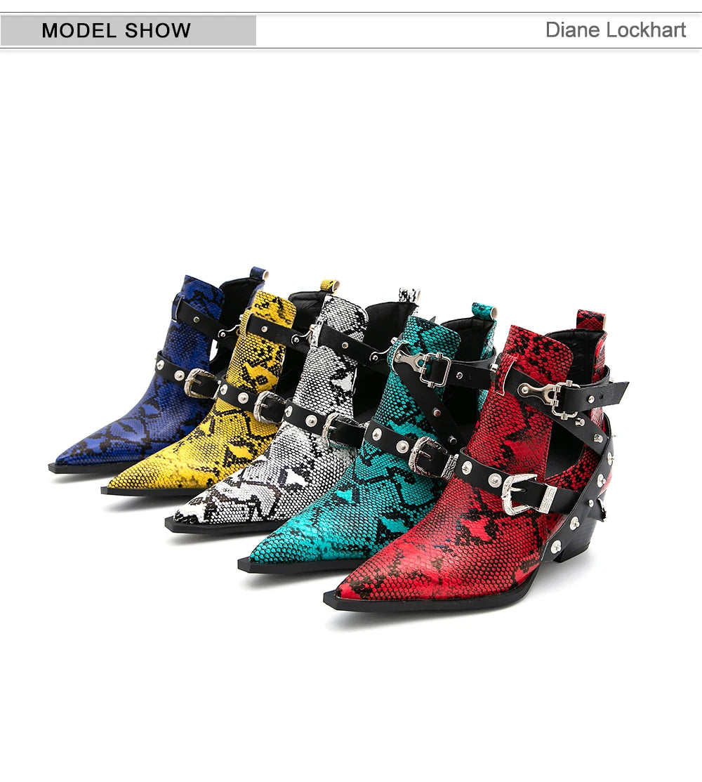 Motorcycle Western Cowboy Boots Women Snake PU Leather Short Cossacks High Heels Pointed Cowgirl Booties Buckle Womens Shoes