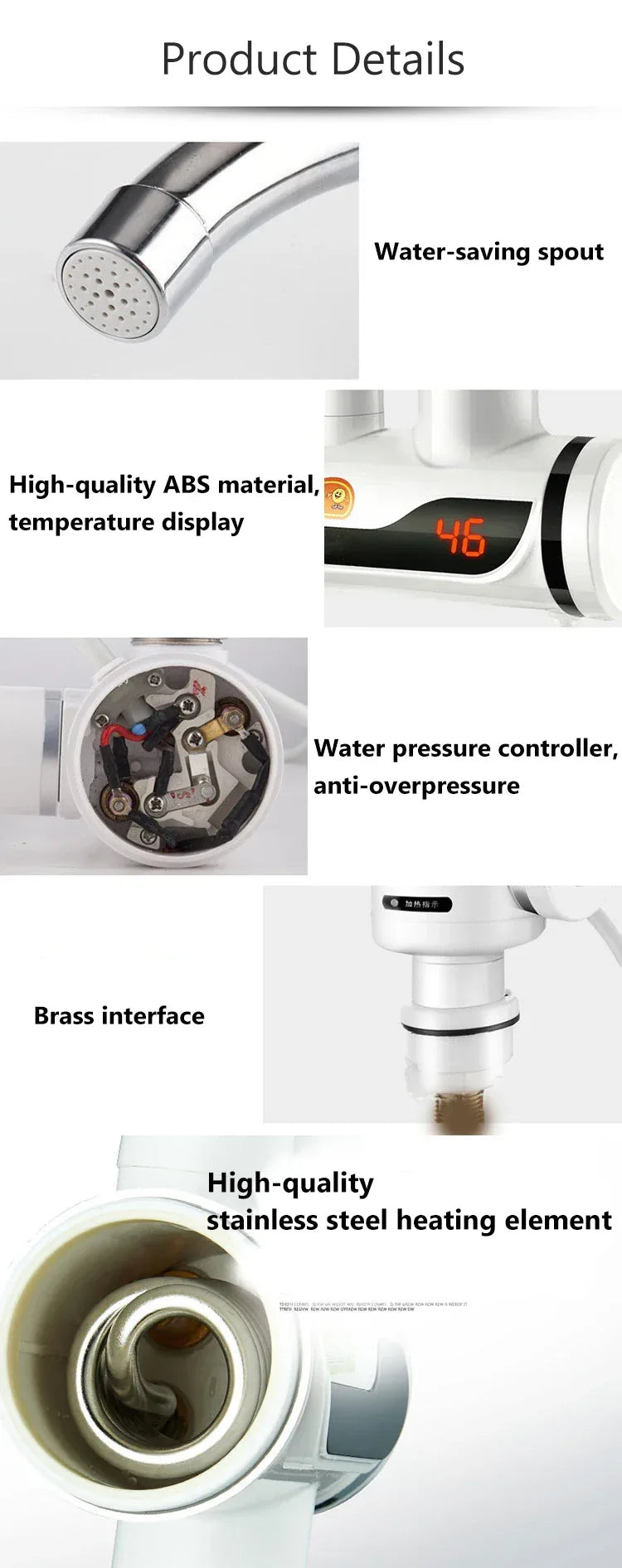 DMWD Electric Instant Hot Water Faucet Stainless Steel Water heater with LED Temperature Display Tankless Tap For Kitchen shower
