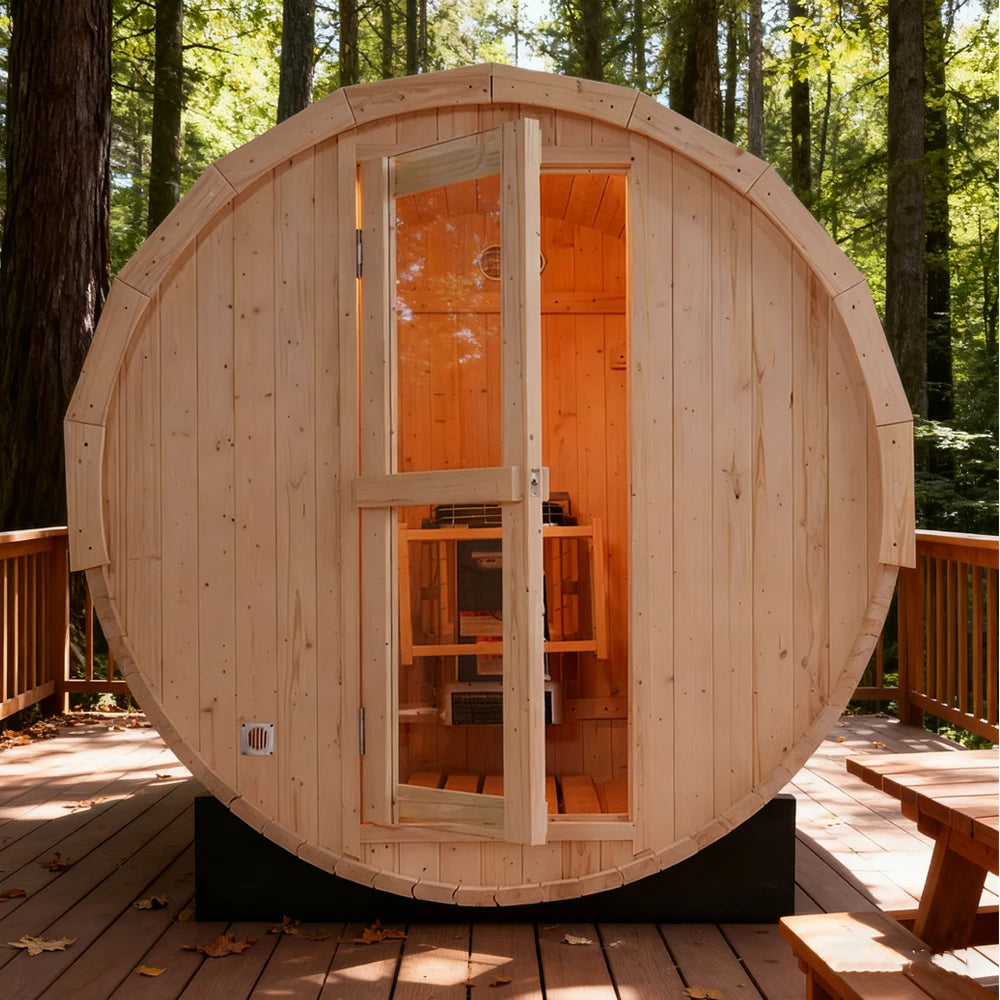 2-in-1 Outdoor Barrel Sauna Combo: 4-Person Home Sauna Kit with Built-in Steam Generator for Relaxing Spa Experience