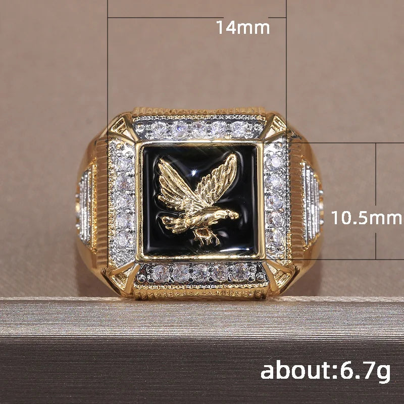 H104 Men's 22k Gold Plated Diamond Ring With Eagle Design Black Inlay Everyday Wear Jewelry