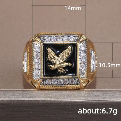 H104 Men's 22k Gold Plated Diamond Ring With Eagle Design Black Inlay Everyday Wear Jewelry