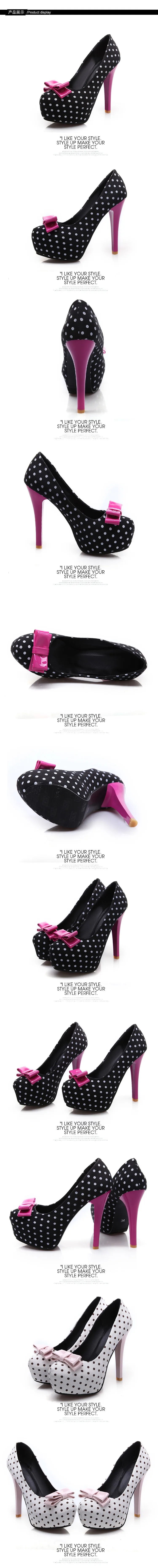 Voesnees New Sweet Bow Stiletto Pumps Polka Dot Pattern Comfortable Waterproof Platform Women Shoes 12CM High-Heel Single Shoes