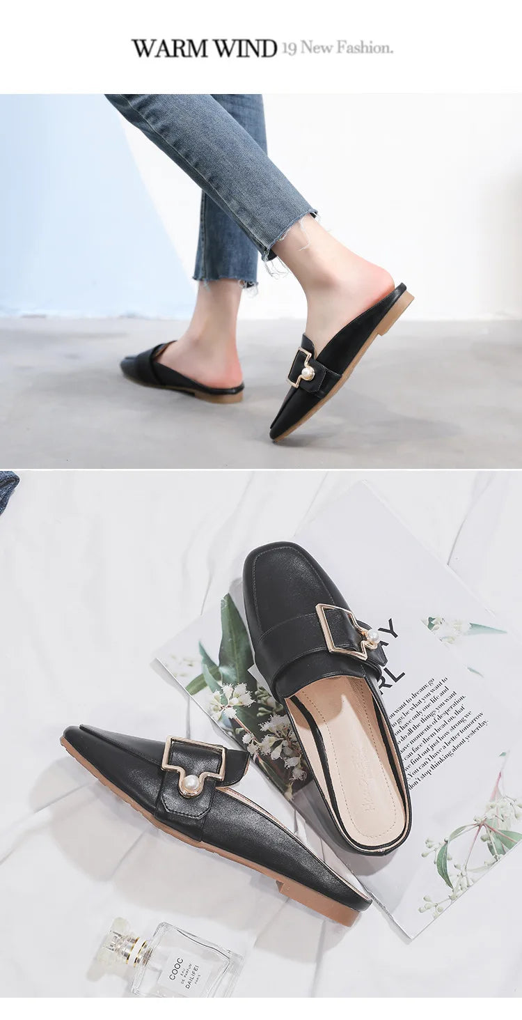 New Women Slipper Casual Shoes Fashion Women's Leather Loafers No Heel Slip-on Shoes Summer Outdoor Light Ladies Walking Shoes