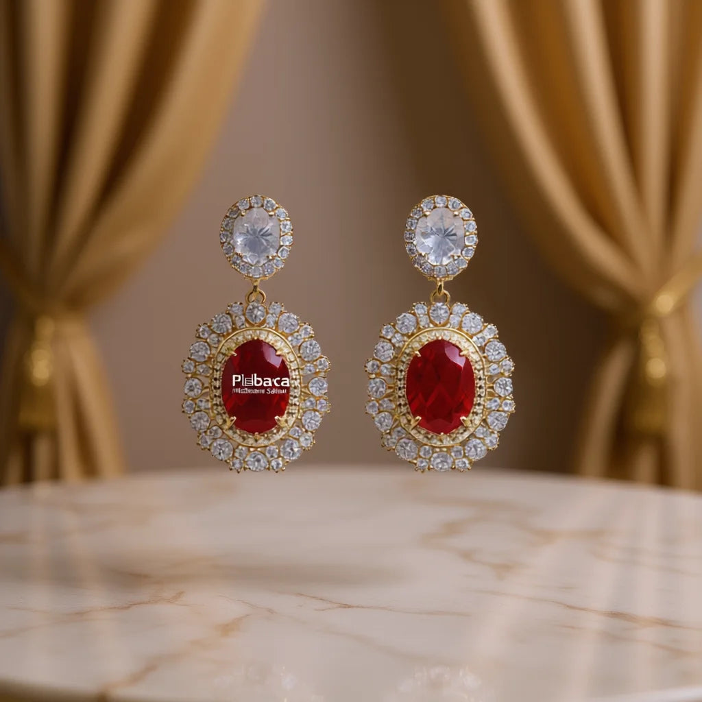 Plbaca Gold Plated Drop Earrings With Red Zircon And Crystal Rhinestone Bezel Setting For Women Party Classic Style