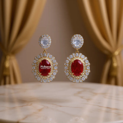 Plbaca Gold Plated Drop Earrings With Red Zircon And Crystal Rhinestone Bezel Setting For Women Party Classic Style