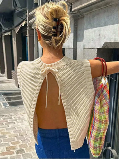 Women's Vintage Ice Silk Knitted Vest Spring Summer Casual Cross-Border Fashion Solid Layered Sleeveless Top Apricot Thin