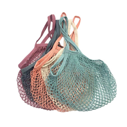 Recycled Reusable Cotton String Mesh Net Shopping Bag Long Handle Fruit Vegetable Grocery Produce Tote for Daily Life Letter