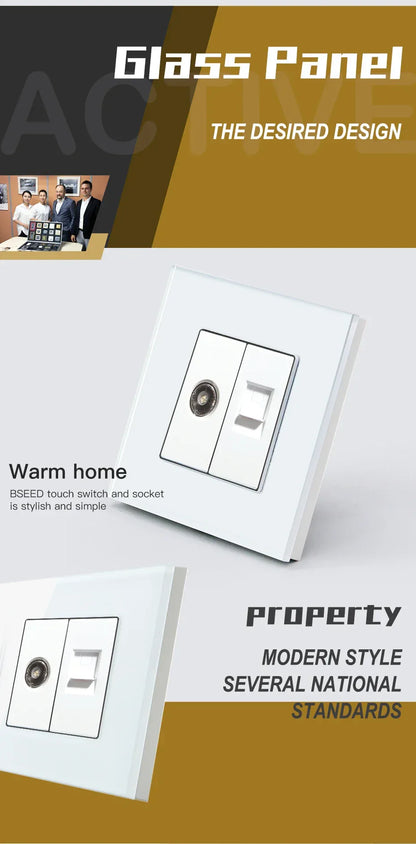 BSEED Single TV CAT5 Internet Socket Double EU Power Socket Triple Germany  With RJ45 Television Wall Sockets Glass Frame