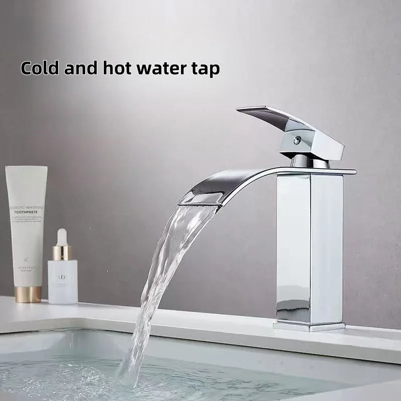 Hot Sale Single Hole Deck Mounted Wash Basin Faucet Modern Flat Mouth Waterfall Hot Cold Water Bathroom Faucet