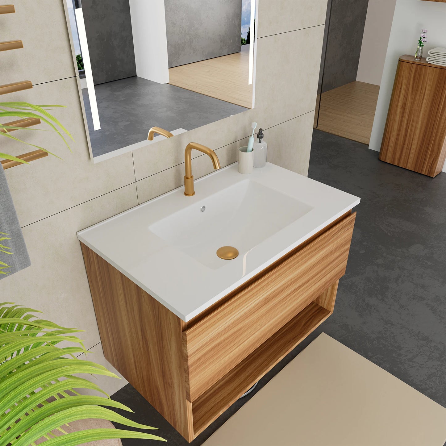 30 Inch Bathroom Vanity Cabinet With Ceramic Sink - Walnut Wall Mounted Floating Fluted Vanity With Drawers, Modern