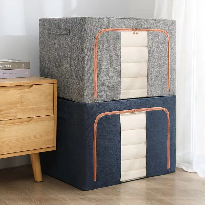 Foldable Clothes Storage Box Capacity Stackable Storage Bag with Metal Frame Dustproof Storage Box with Zipper for Home Room