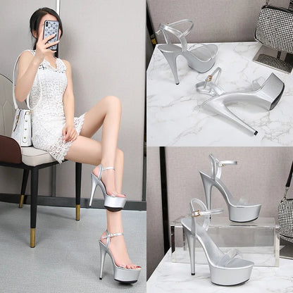 Black Red Silvery Rhinestone Women's High Heels Sandals Sexy Summer Platform Pumps Women Colorful Patent Leather Fine Heel Shoes