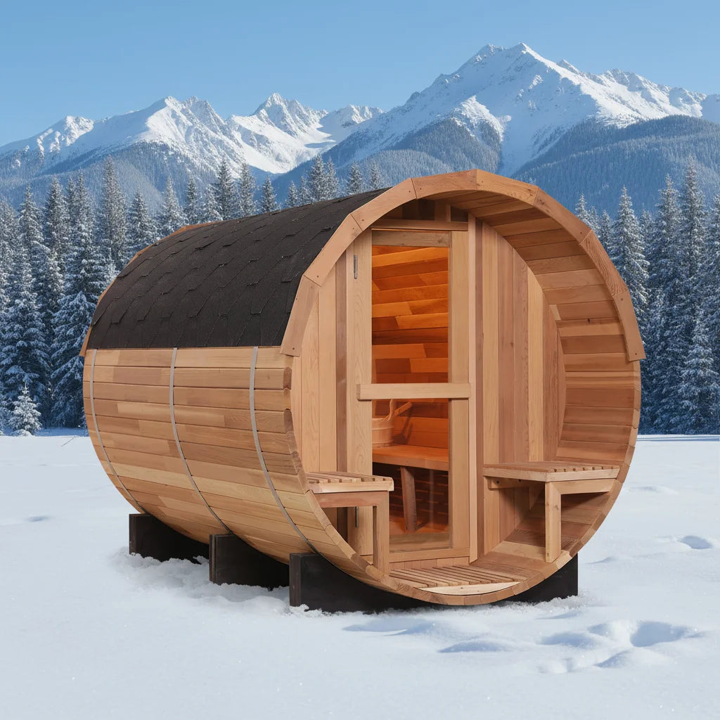 High Quality Red Cedar Modern Wood Fired Sauna Barrel with Glass Steam Stove for 4-6 Persons Portable Steam Outdoor Sauna