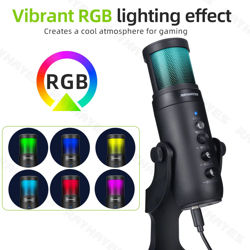 RAYHAYES JI-M90 RGB USB Microphone Condenser Gaming Mic for PC Phone Online Teaching Meeting Livestreaming
