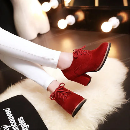 Vintage Women Lace Up Pumps Square Heel Round Toe High Heels British Style Oxfords Autumn Low Top Student Shoes Blue Booties 33