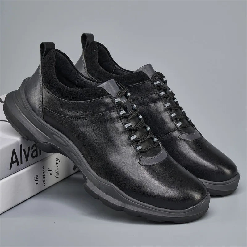 Men's Genuine Leather Casual Shoes Round Toe Lace-up Light Weight Spring Rubber Outsole EVA Midsole Mesh Lining