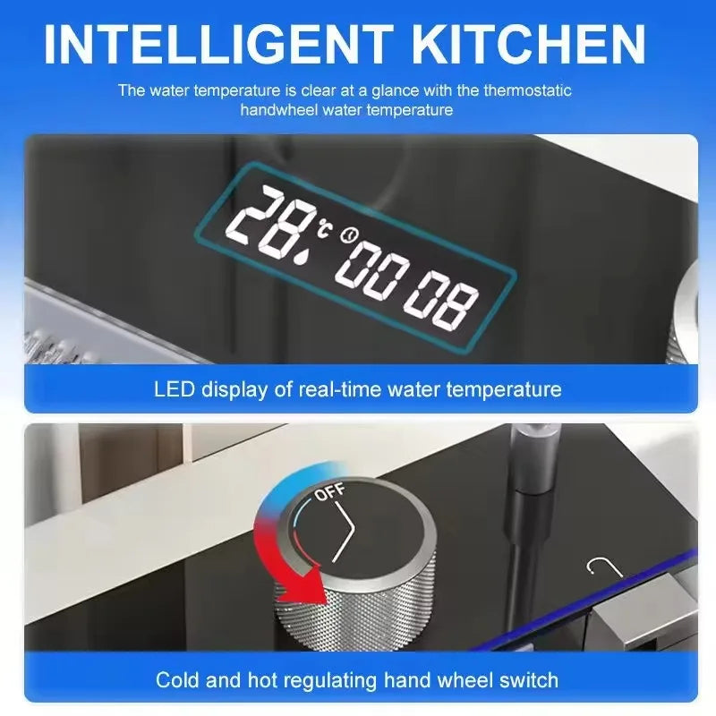 304 Kitchen Sink Multifunction LED Digital Display With Pull-Out Faucet Stainless Steel Anti-Scratch Kitchen Sinks