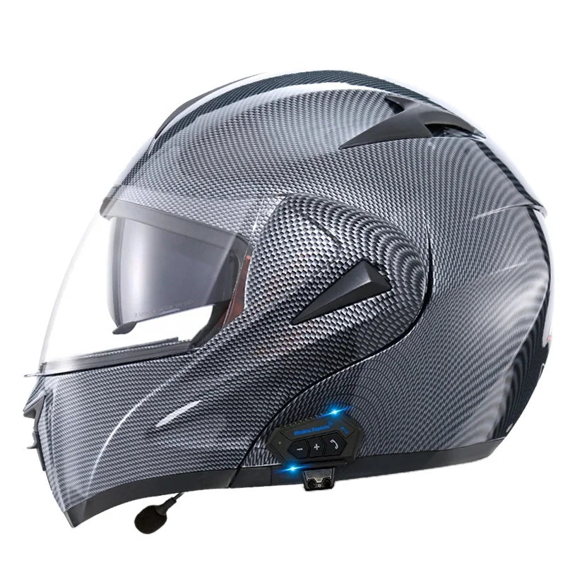 Carbon Fiber Pattern Electric Scooter Motorcycle Blueto0th Wireless Headphone Speaker Open Face Double Lens Full Face Helmets