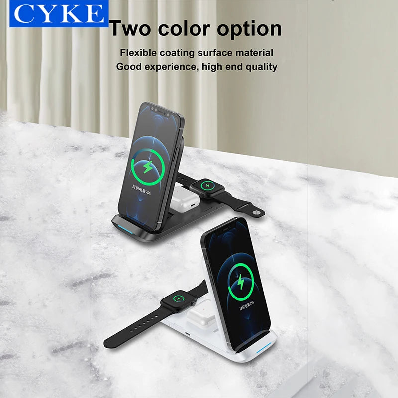 CYKE 3-in-one 15W Fast Wireless Charger V8 Magnetic Folding Phone Stand Watch Collapsible Wireless Charging Station for AirPods