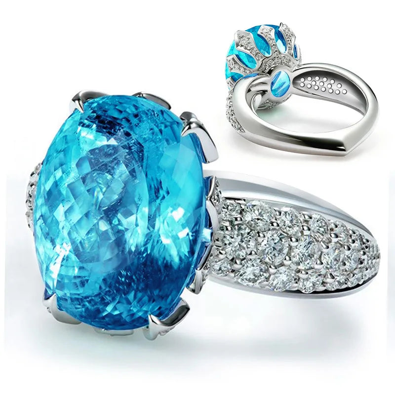 F506 Women's White Gold Diamond Ring Oval Cut Natural G Color Engagement Jewelry Main Stone Blue Topaz Side Diamonds
