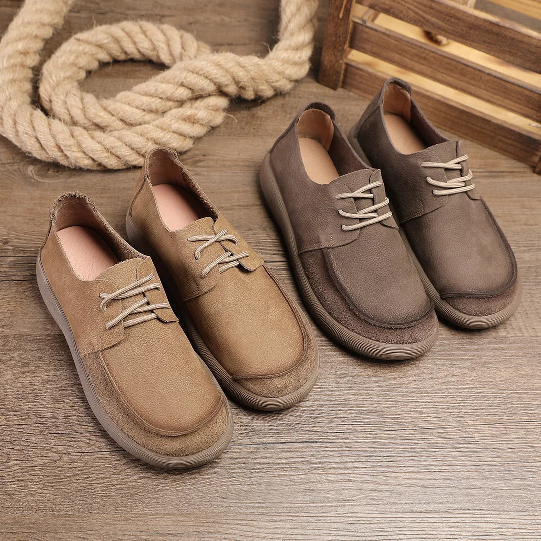 Toe Men's Genuine Leather Shoes Lace-up Breathable Retro Walking Style Casual Rubber Outsole Solid Pattern Cow Leather Upper