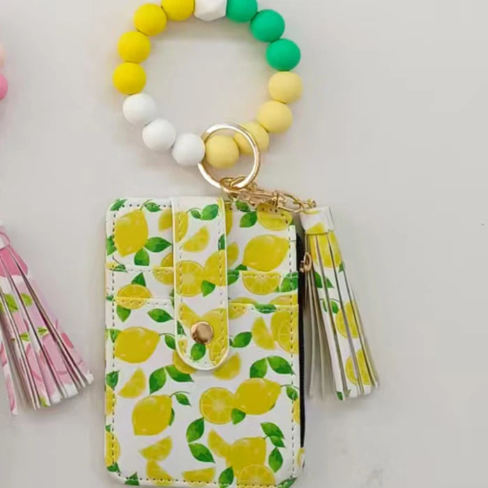 2025 New Fruit  Pattern Leather  Bracelet Fringe Key Chin Card Bag Document Wrist Portable Keychain  Zipper Card Holder Wallet