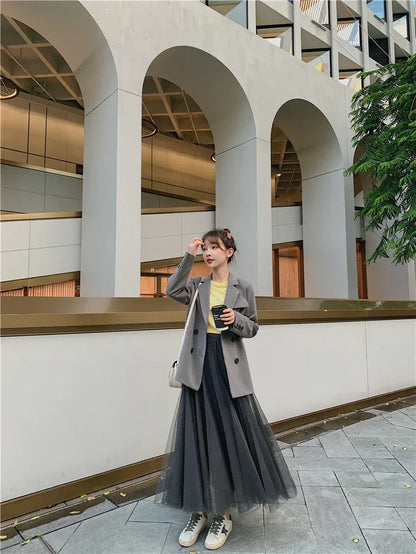 TingYiLi Elegant Tulle Skirt Autumn Winter Big Swing Women Skirt Korean Cute Pink Green Gray Blue Brown Black Long Skirt Tutu