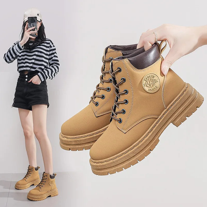 High Top Boots Women's  Autumn New British Style Short Boots Versatile Thick Soled Casual Workwear Boots for Women