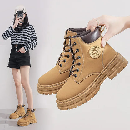 High Top Boots Women's  Autumn New British Style Short Boots Versatile Thick Soled Casual Workwear Boots for Women