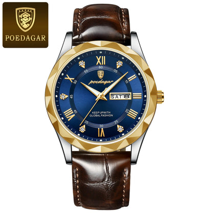 POEDAGAR Watches for Men Classic Luxury Week Display Sports Quartz Watch Mens Waterproof Leather Band Date Wristwatches Male