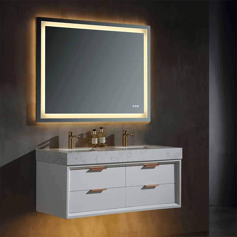48 Inch White Beveled Edge Floating Bathroom Vanity Rubber Wood 12mm Sintered Stone Double Undermount Sink US Stock Homein