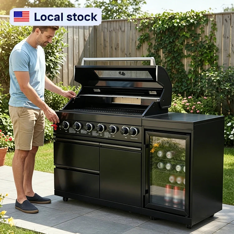 US Overseas Warehouse 2026 Hot Sale Premium Customized Modern Outdoor Kitchen Island BBQ Grills Cabinet With Fridge