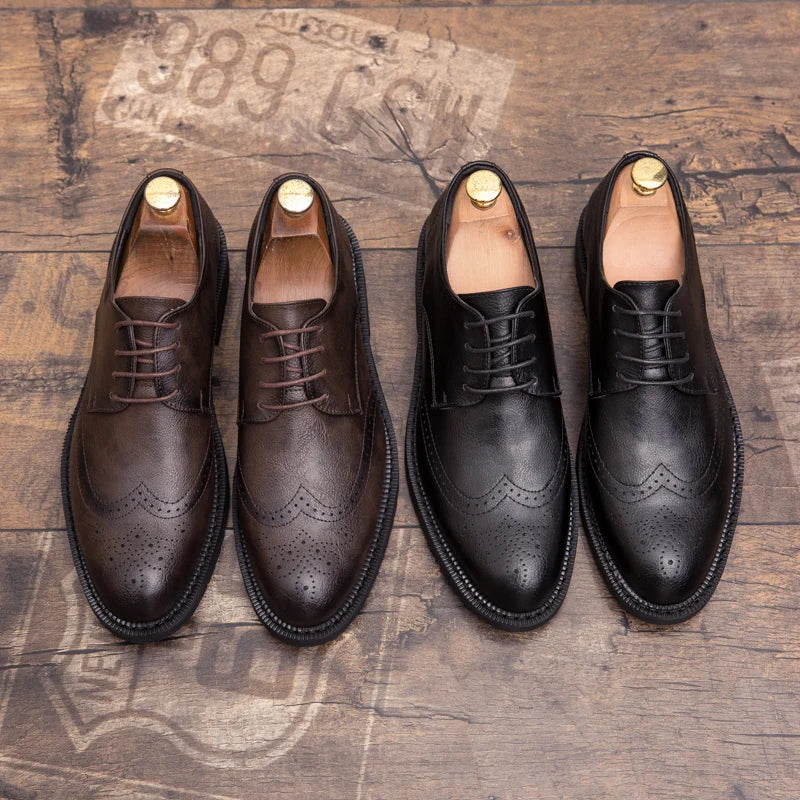 Extra Size 38-47 Brogue Dress Shoes Lace up PU Leather Oxford Formal Business Footwear Wedding Shoes for Men