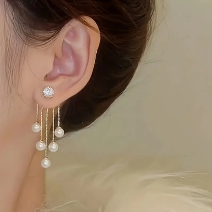 1 Pair Elegant Long Tassel Earrings for Women, Golden-Tone Alloy with Rhinestone and Accents, Dangle Earrings for Daily Wear