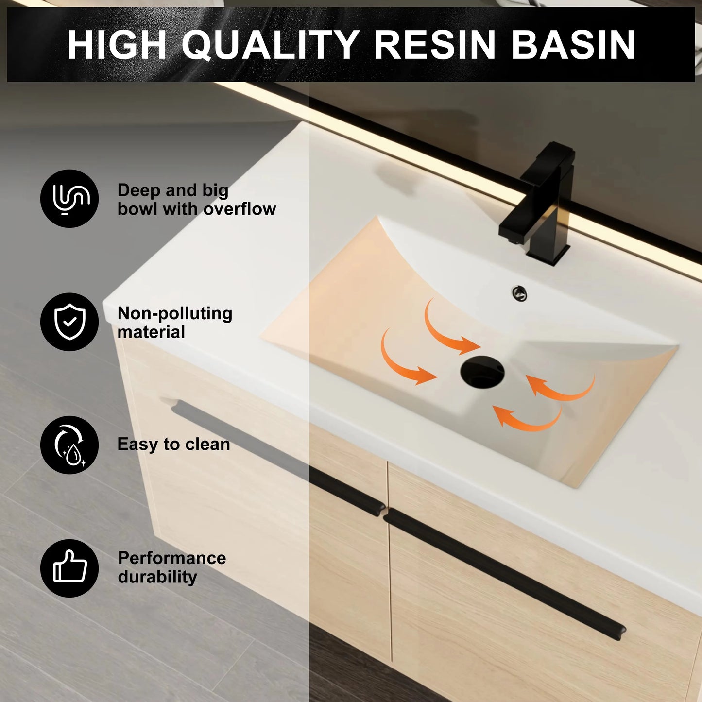 36 Inch Oak Floating Bathroom Vanity Engineered Wood Resin Integrated Sink 2 Doors US Stock Homein
