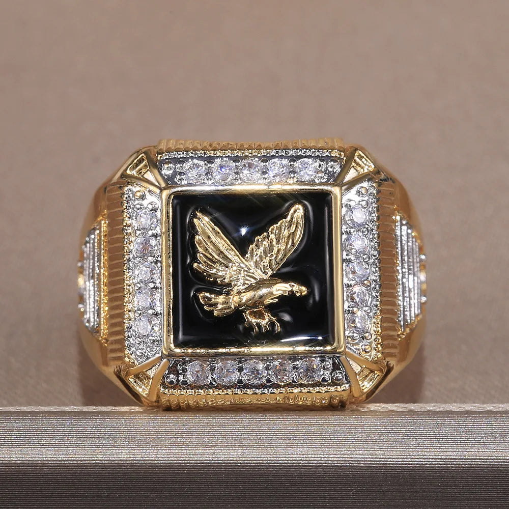 H104 Men's 22k Gold Plated Diamond Ring With Eagle Design Black Inlay Everyday Wear Jewelry