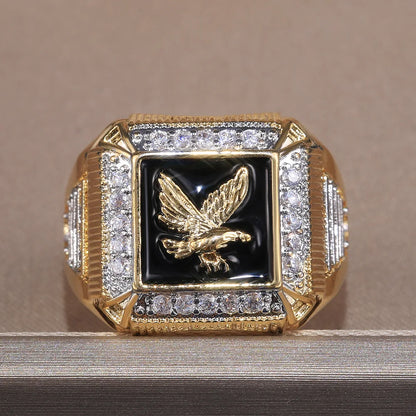 H104 Men's 22k Gold Plated Diamond Ring With Eagle Design Black Inlay Everyday Wear Jewelry