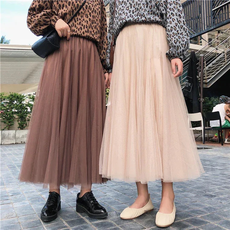 TingYiLi Elegant Tulle Skirt Autumn Winter Big Swing Women Skirt Korean Cute Pink Green Gray Blue Brown Black Long Skirt Tutu